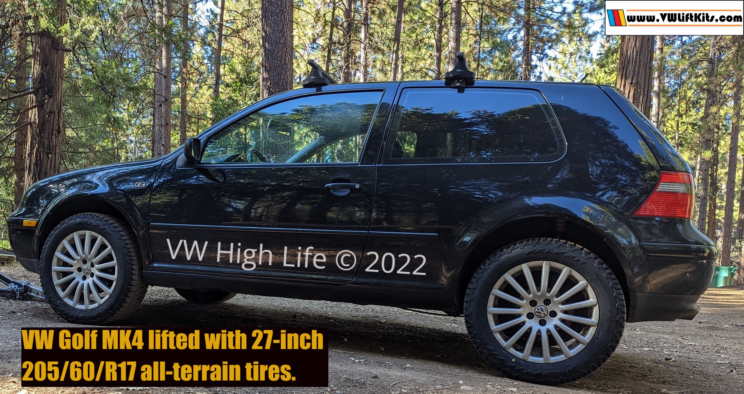 Justin properly lifted his MK4 Golf to make room for some 27-inch (205/60/R17) all-terrain tires. 